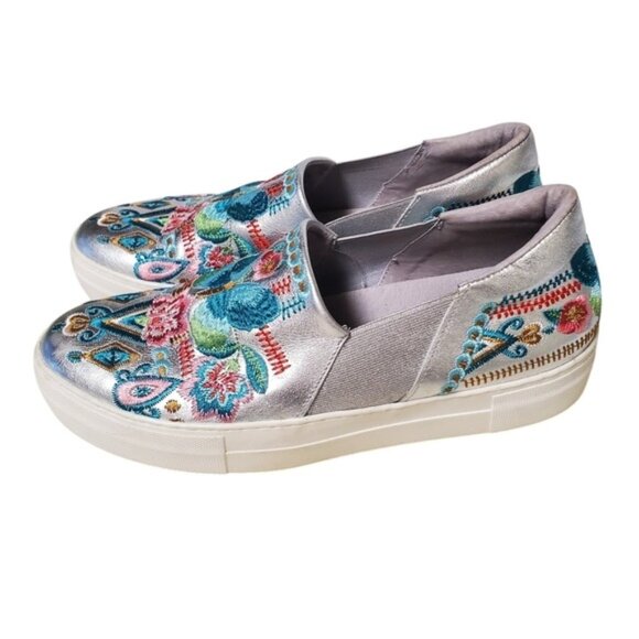 Johnny Was Butterfly Embroidered Silver Metallic Sneaker Boat Loafer 'Vinny' - Picture 1 of 12